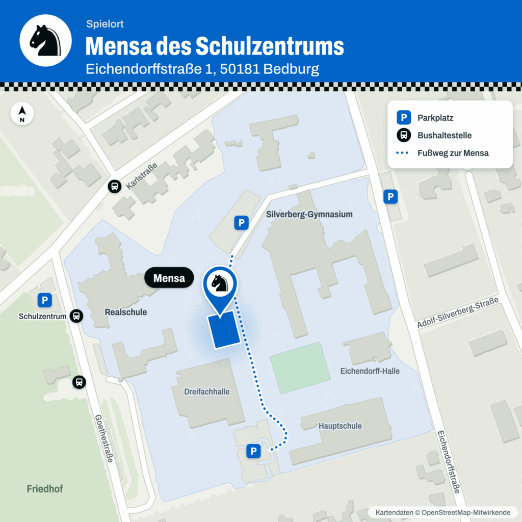 Lageplan des Schulzentrums Bedburg: Der Spielort ist die Mensa zwischen Realschule und Silverberg-Gymnasium, Eichendorffstraße 1. Eingezeichnet sind die Parkplätze, die Bushaltestellen „Schulzentrum“ und der Fußweg vom Parkplatz zur Mensa.